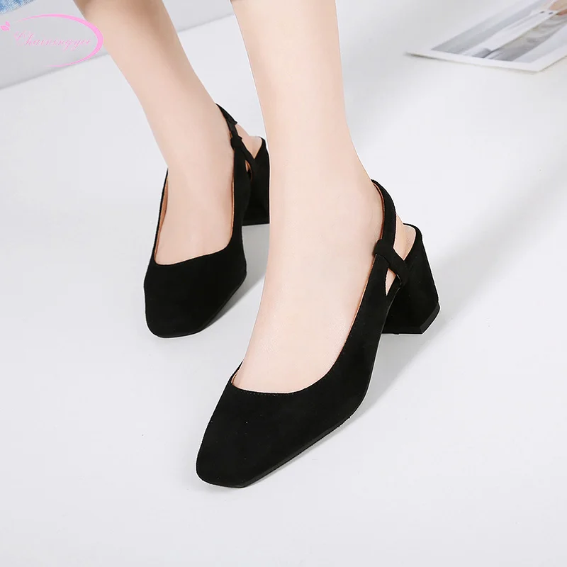 

Chinese casual style square toe flock summer sandals fashion elastic belt beige black medium heel thick women's shoes big size