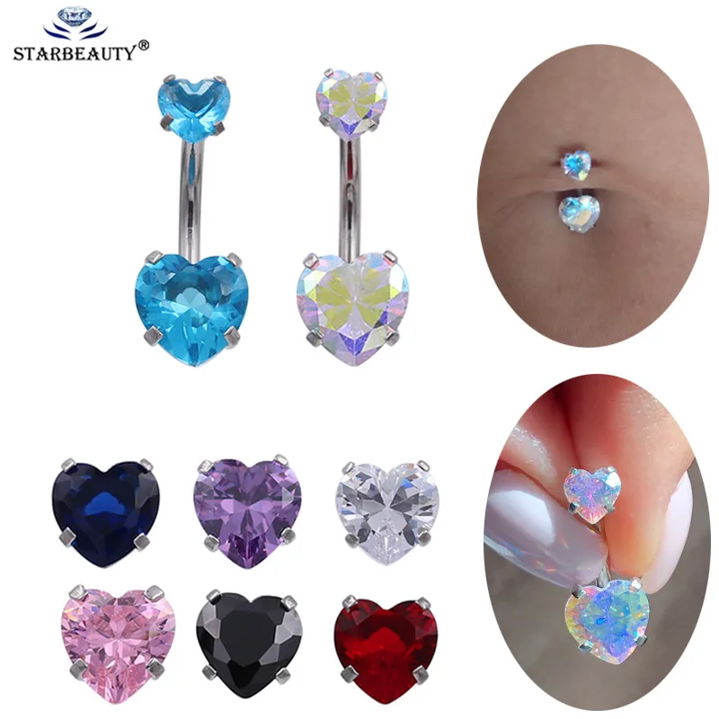 Navel Belly Bar Double Crystal Heart With Chain Clear Pink Red Purple 
