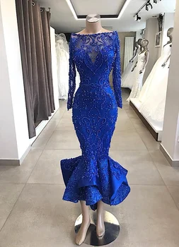 

Elegant Blue Lace Cocktail Dress Party Long Sleeves Women Mermaid Tea Length Formal Dresses Vestidos coctel With Heavy Beading
