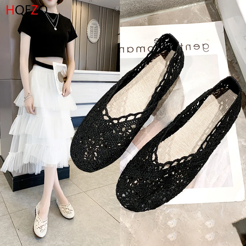 

HQFZO Ballet Summer Knitting Hollow Out Woman Shoes Breathable Slip On Loafers Platform Shallow Soft Summer Shoes