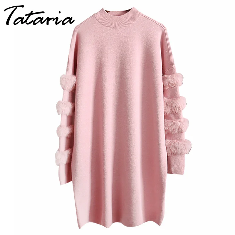 Long Sweater Dress Women Loose Real Rabbit Fur Pull Femme Women Sweaters And Pullovers Knitted Sweater Dresses For Winter