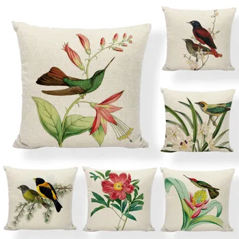 

World Famous Bird Cushion Cover Red Flowers Beautiful Parrot Garden Decoration Cushion Case Farmhouse Lumbar Support Pillowcases