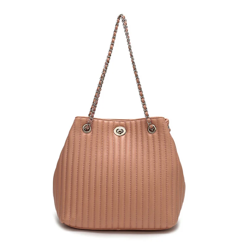 

Luxury Designer Women Bucket Bag Sheepskin Leather Striped Handbags Ladies Shoulder Chain Bag Female Casual Totes Famous Brands