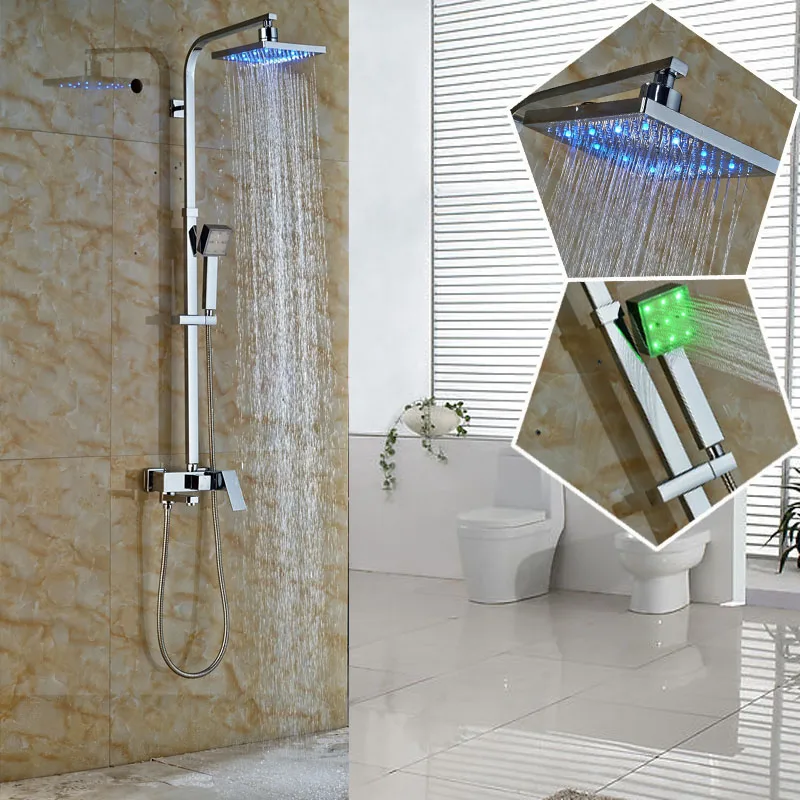

Bathroom Chrome Square Rain Shower Faucet Single Handle Led Light Surface Mounted Shower Mixer Taps with Handshower