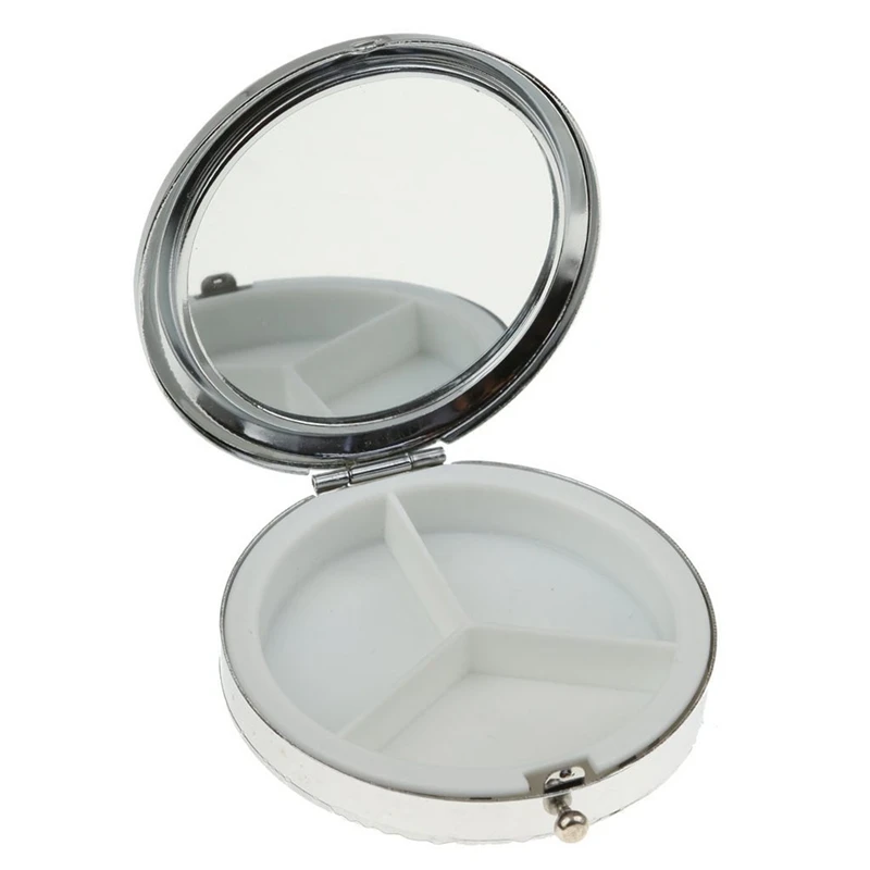 

Stylish Compact Round Metal Pill Case Box Organizer 3 Compartment