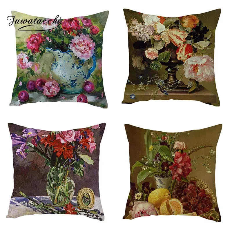 

Fuwatacchi 100% Square Pure Linen Floral Cushion Cover Roses Rose Flowers Peony Throw Pillow Cpver Colorful Flowers Pillowcases