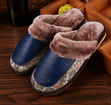 Mntrerm/мужские тапочки; зимние тапочки из натуральной кожи; домашние Нескользящие термальные тапочки; Новинка года; теплая плюшевая домашняя обувь - Цвет: Blue
