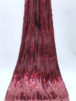

French Net Lace Fabric High Quality Embroidery Tulle Lace With Sequins 2019 Latest African Lace Fabric For Wedding Dress wine