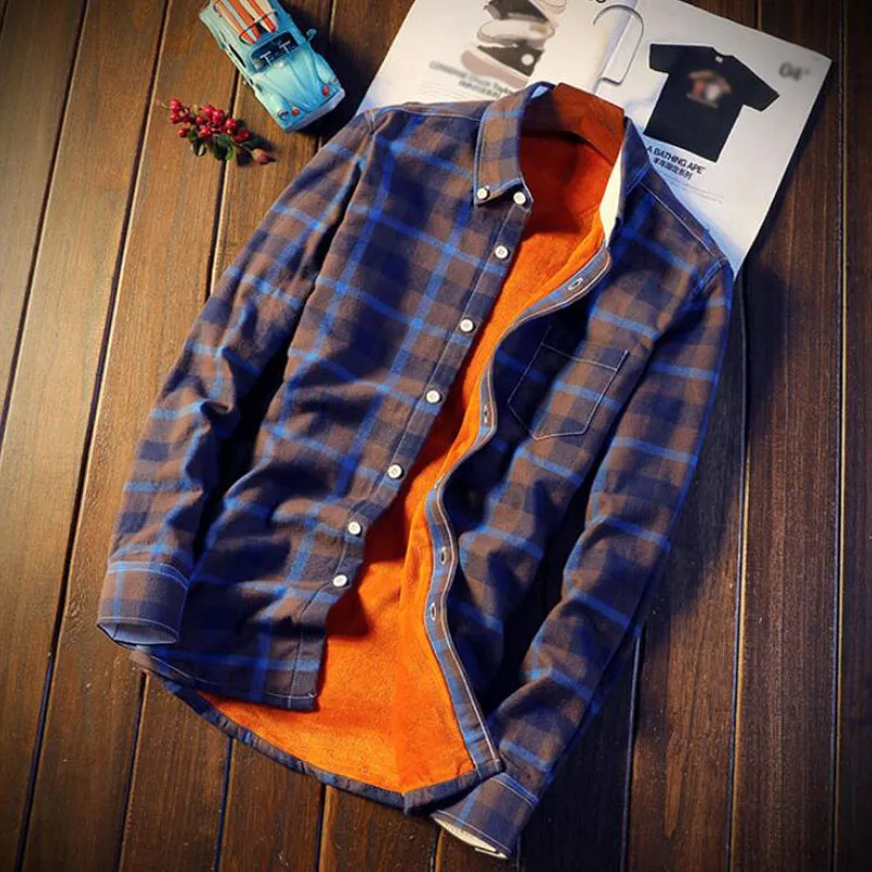 Мужские зимние фланелевые рубашки в клетку, нарядные рубашки с длинным рукавом Camisa Social Masculina, плотная Теплая Флисовая хлопковая рубашка Chemise Homme - Цвет: Синий