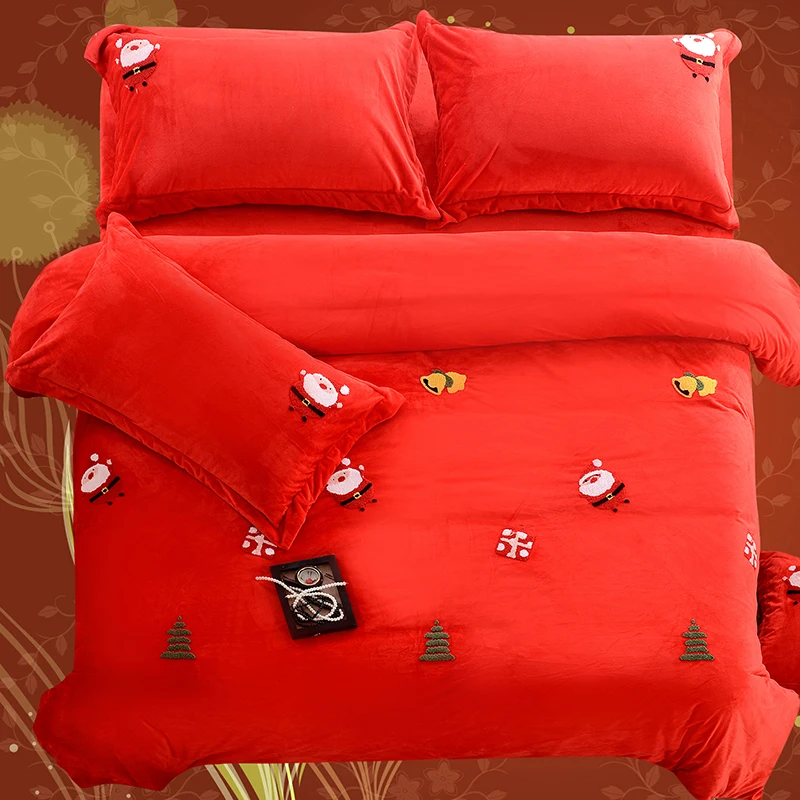 4pcs Crystal Flannel Merry Christmas Bedding set Winter Warm Fleece