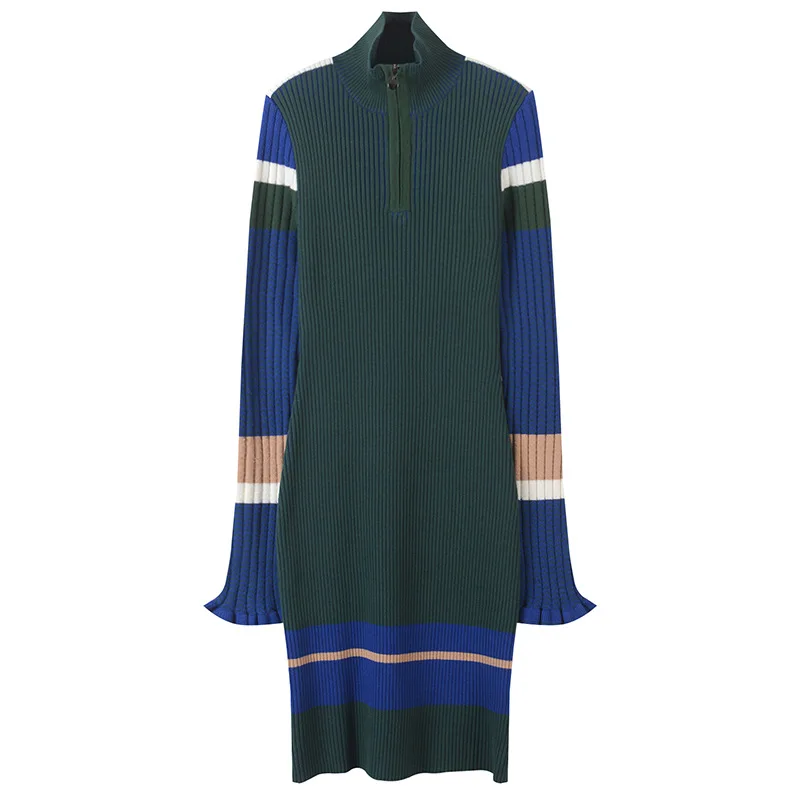 SRUILEE Slim Turtleneck Zippper Dress Femme 2018 New Winter Striped Rib