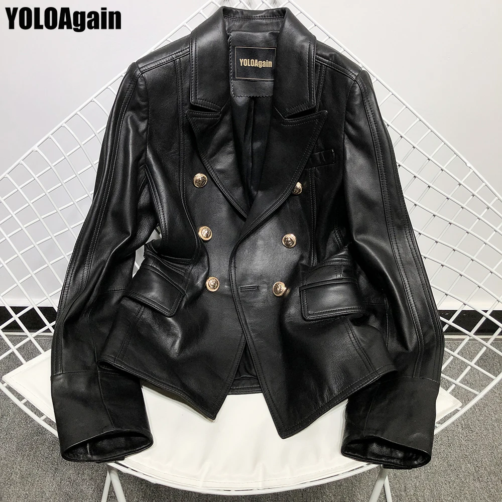 

YOLOAgain women genuine leather jacket ladies V-neck double breasted OL black real leather blazer