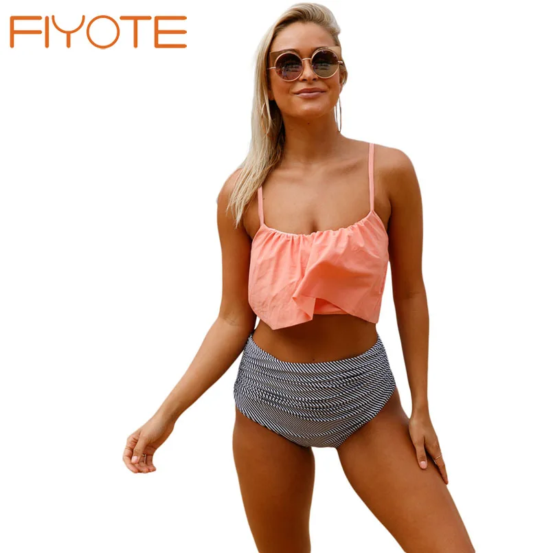 

FIYOTE New 2017 Ruffle Vintage Bikinis Glowing Top and Striped Bottom High Waist Swimwear Bandage Striped Bottom BiquiniLC410149