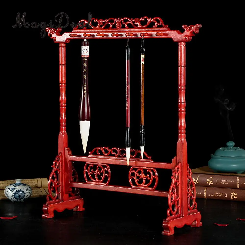 

Traditional Chinese Brush Holder Calligraphy Pen Holder Stand 14 Hook RoseWood Brush Stand Hanging Pen Holder