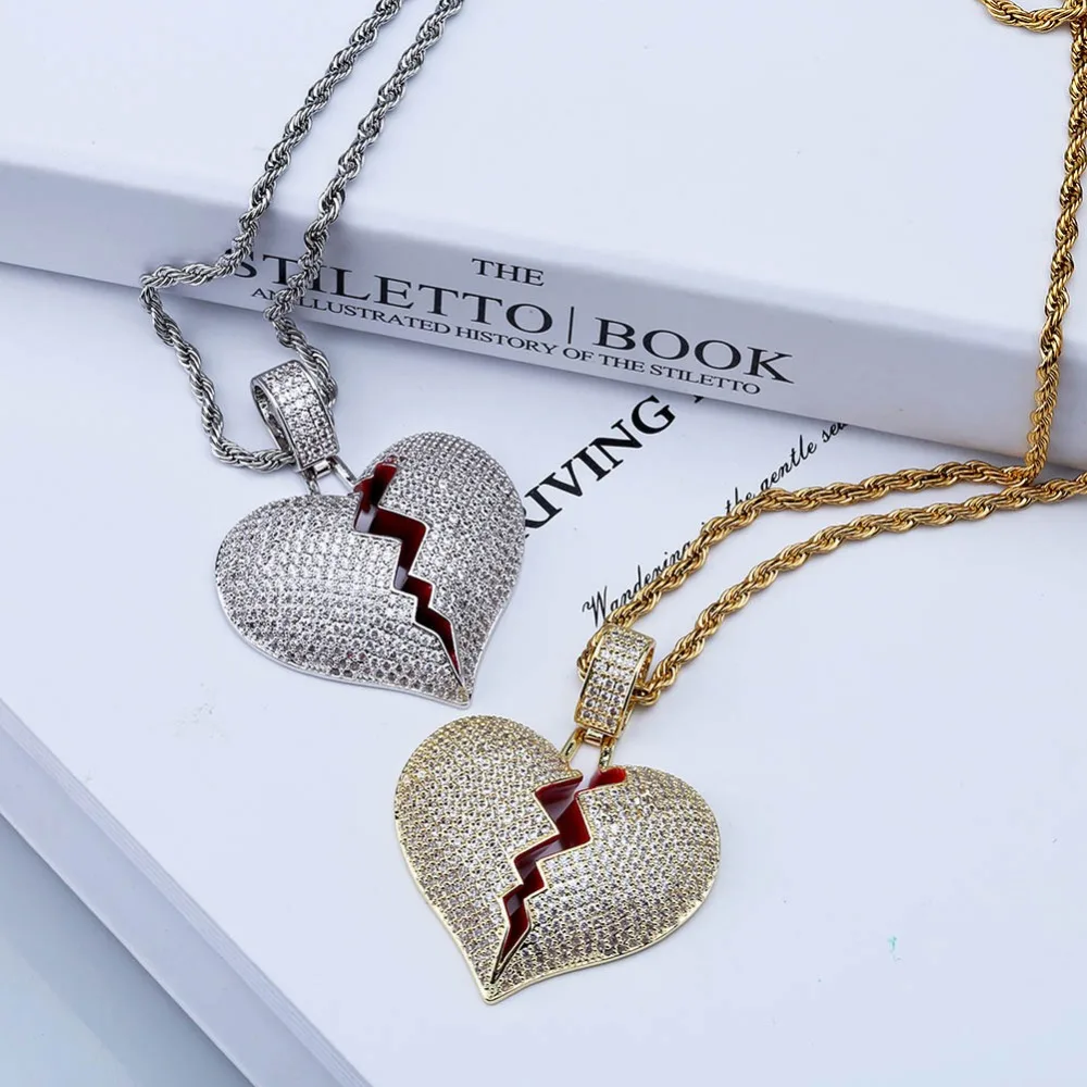 TOPGRILLZ цельное ожерелье с разбитым сердцем и подвеской для мужчин и женщин, золотое ожерелье с кубическим цирконием, ювелирные изделия в стиле хип-хоп