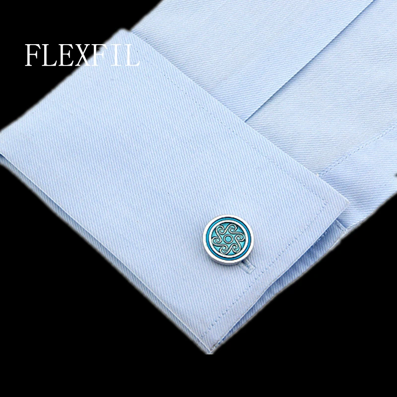 

Jewelry french shirt cufflink for mens Brand designer Cuffs link Button male round metal Blue flame Luxury Wedding Free Shipping