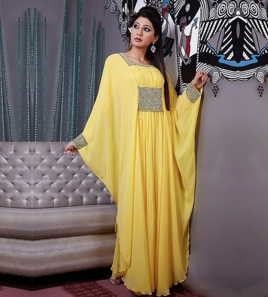 

Design 2016 Abaya Dubai evening Dresses Square Neck Yellow Evening Gown With Long Sleeve Beaded Chiffon Kaftan