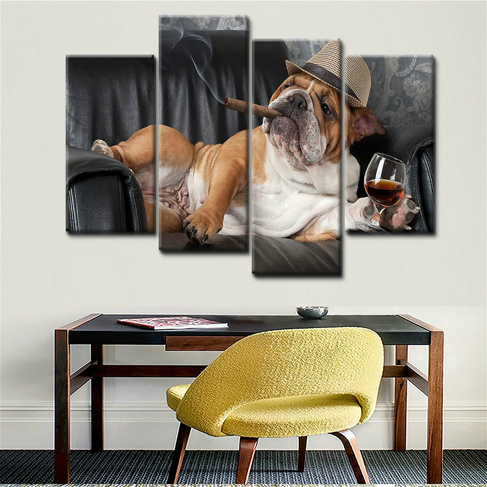 Smoking Shar Pei Cute Abstract Wall Art Canvas Printed 4 Panel Painting for Kitchen Bathroom Wall Decor Animal Poster Home Decor
