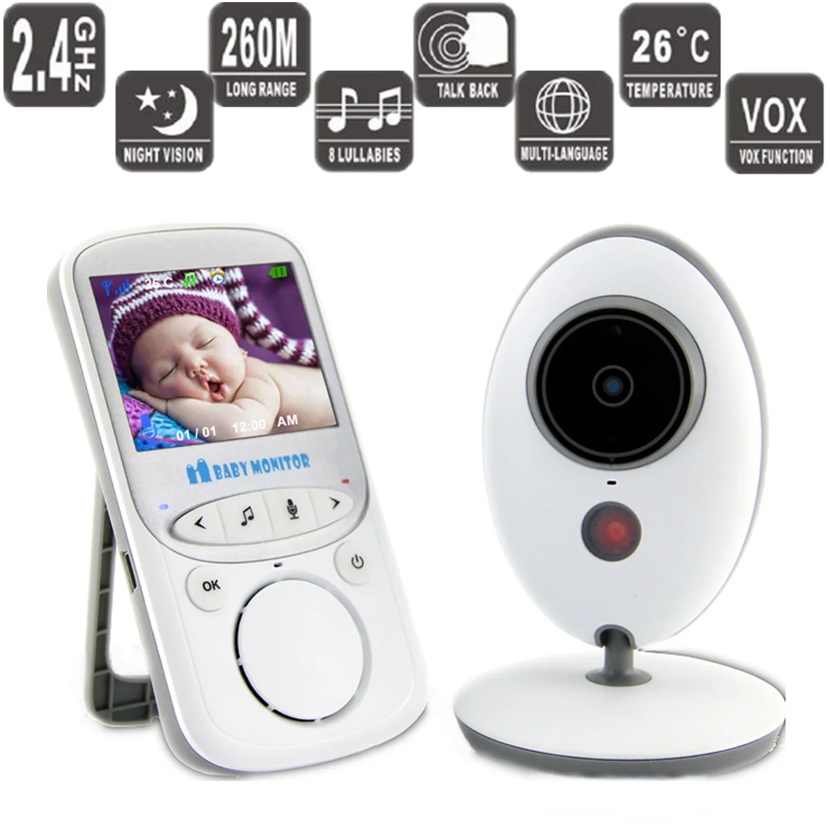 Online Nirkabel Video Baby Monitor 2.4 Inch Warna Keamanan Kamera 2 Way Talk Night Vision IR LED Pemantauan Suhu dengan 8 lagu Pengantar Tidur