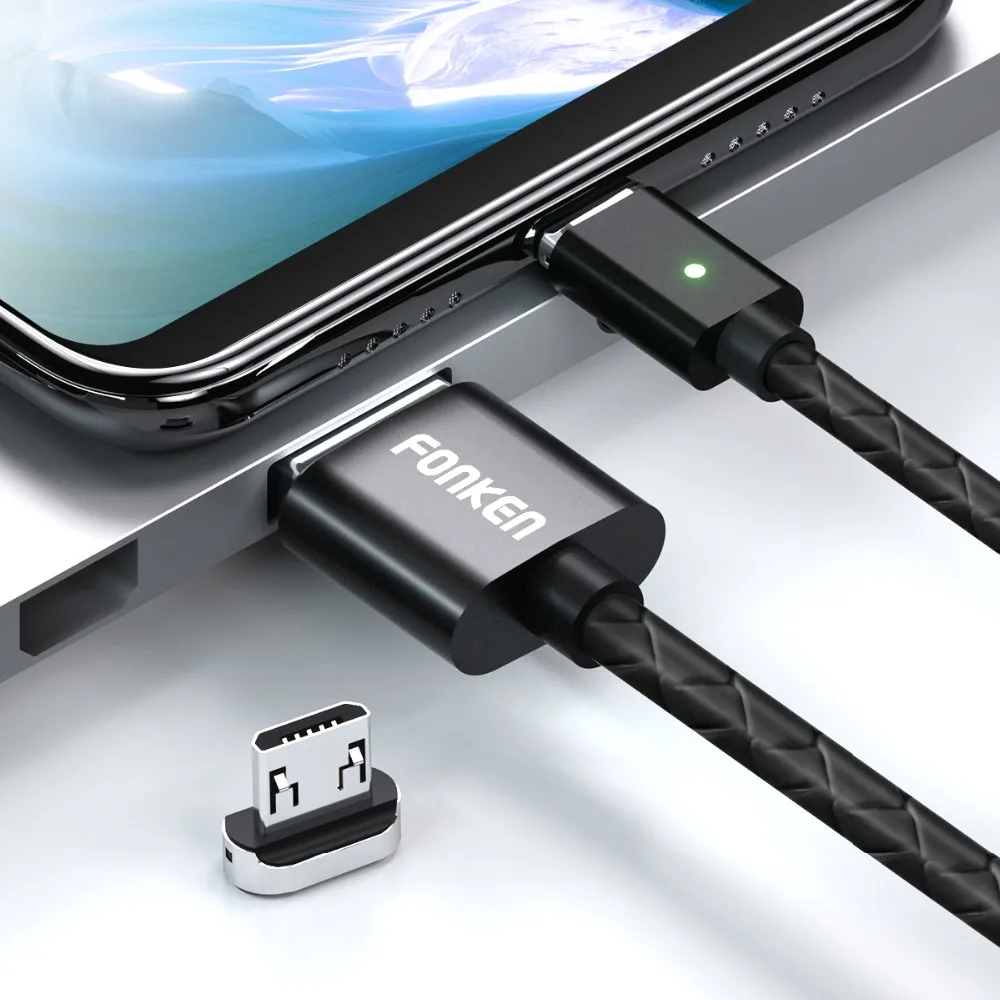 Кабель Micro USB FONKEN, магнитный кабель 3A, быстрая зарядка, 1 м, 2 м, Android, мобильный, быстрая зарядка, магнитный шнур, Пылезащитная заглушка, шнур для передачи данных для телефона