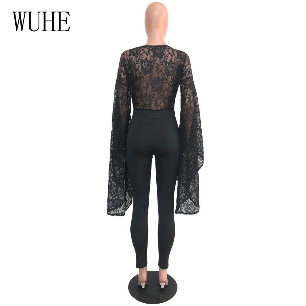 WUHE Sexy Sheer Black Lace Jumpsuit Bodysuit Women See Through Flare Long Sleeve Deep V Neck Rompers Long Pants Party Overalls