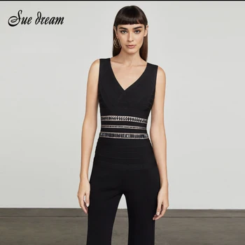 

2020 New Black Bandage Jumpsuit High Quality Sleeveless Deep V-neck Bodycon Beadwork Celebrity Party Autumn Women's Jumpsuit