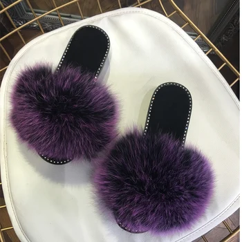 

2018 hot Sale Rhinestone Women Fur Slippers Luxury Real Fox Fur Beach Sandal Shoes Fluffy Comfy Furry Flip Flops