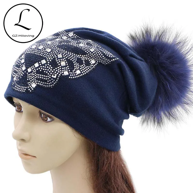 GZHILOVINGL 2017 New Women Winter Beanies Cotton Polyester Beanie Slouch Warm Hat Rhinestone