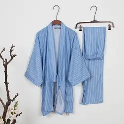 Мужская пижама кимоно хлопковое ночное белье двойной слой Марли пижамы мужчин Lounge кимоно пижамный комплект свободные полосы