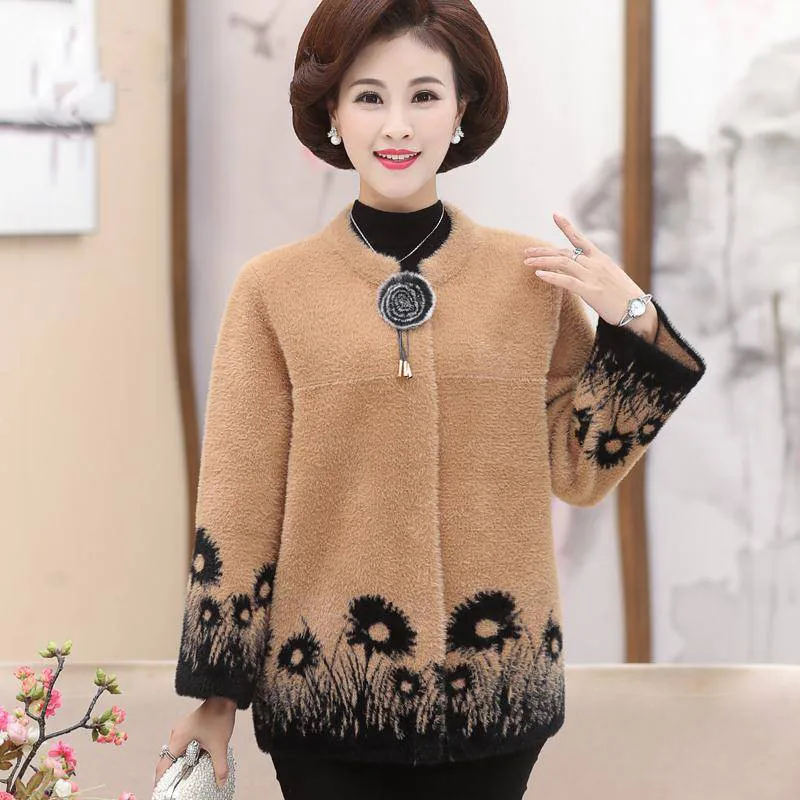 

2019 New Spring Autumn Plus Size 5XL Women Floral Print Faux Mink Fur Knit Cardigan Sweater Female Elegant Knitted Outerwear X30