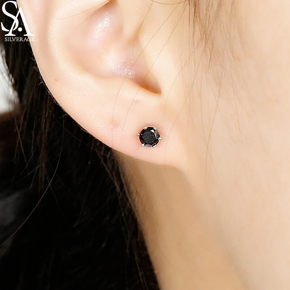 SA SILVERAGE 925 Silver Stud Earrings Round Style Cute Jewelry Sterling 