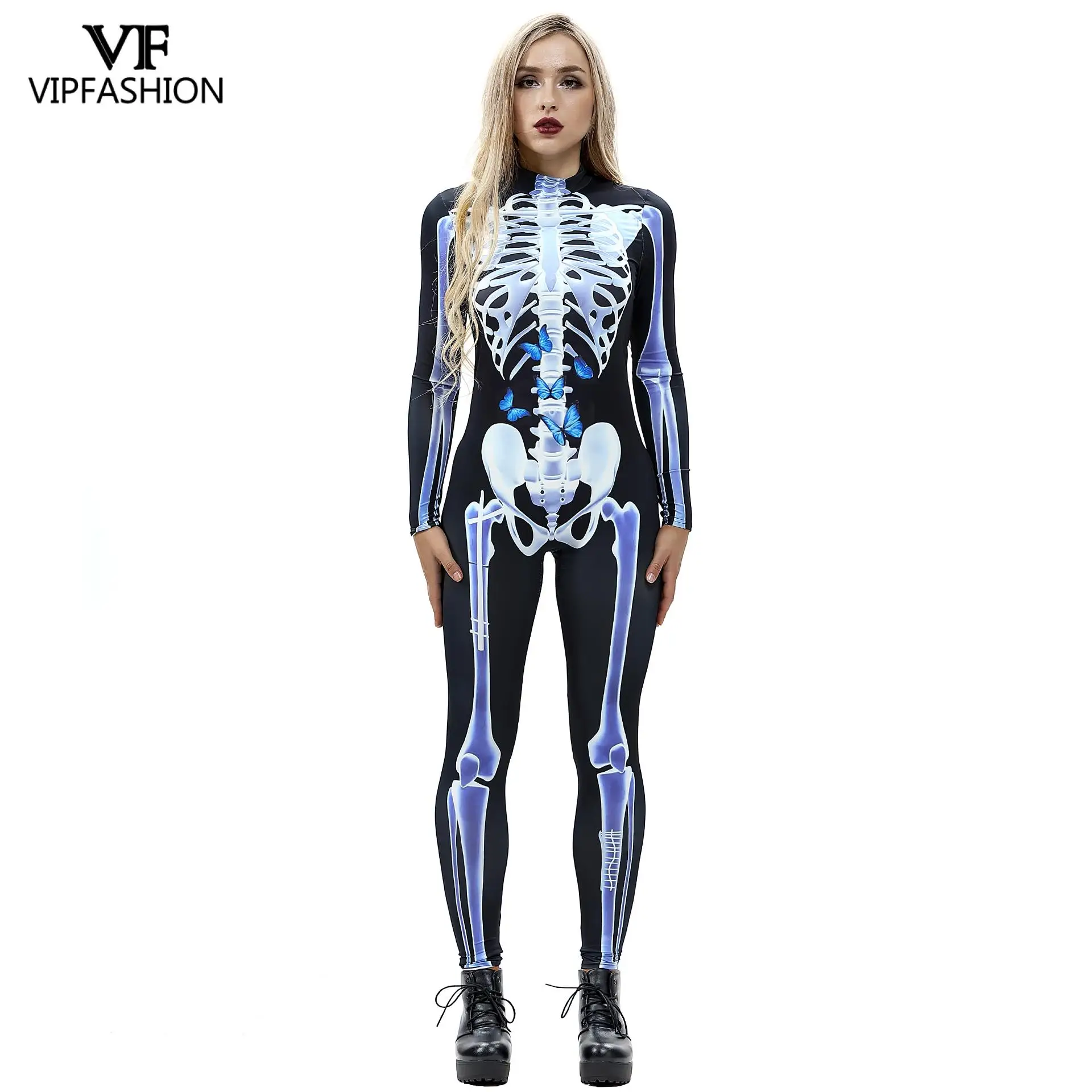 VIP Мода женщин Хэллоуин 3D флуоресцентный синий скелет комбинезоны страшные костюмы на Хэллоуин для женщин комбинезон с черепами