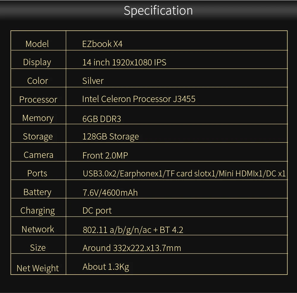14 дюймовый IPS экран ноутбук Jumper EZbook X4 windows 10 Intel Celeron J3455 6G 128G ультрабук