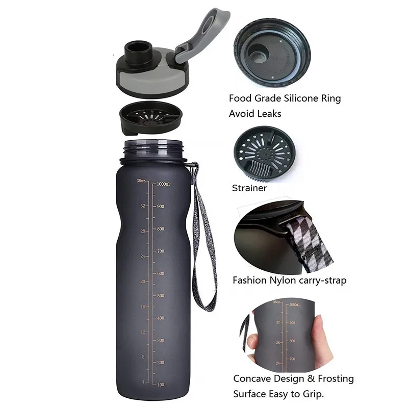 Bpa شحن 1L كبيرة قدرة الإبداعية البلاستيك بلدي الرياضات المائية غلاية المحمولة الشاي المساعد على التحلل فليب غطاء كوب بلوري زجاجة مع حبل