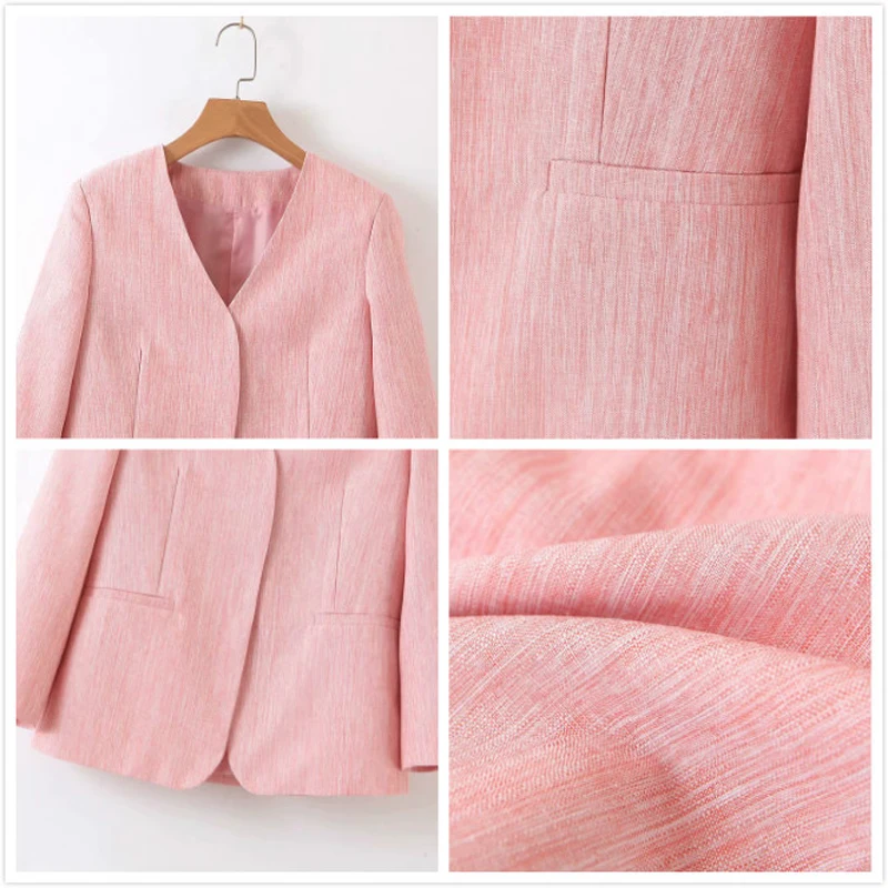 2019 Spring Autumn Fashion Pink Blazer Jacket Women's V-Neck Pockets Short Office Ladies Blazers Mujer Outerwear Female Coat