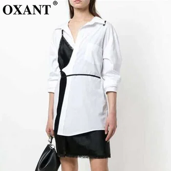 

OXANT Lace Dress Female Patchwork Tunic High Waist Split Asymmetrical Shirt Dresses Women Autumn Fashion OL Clothing