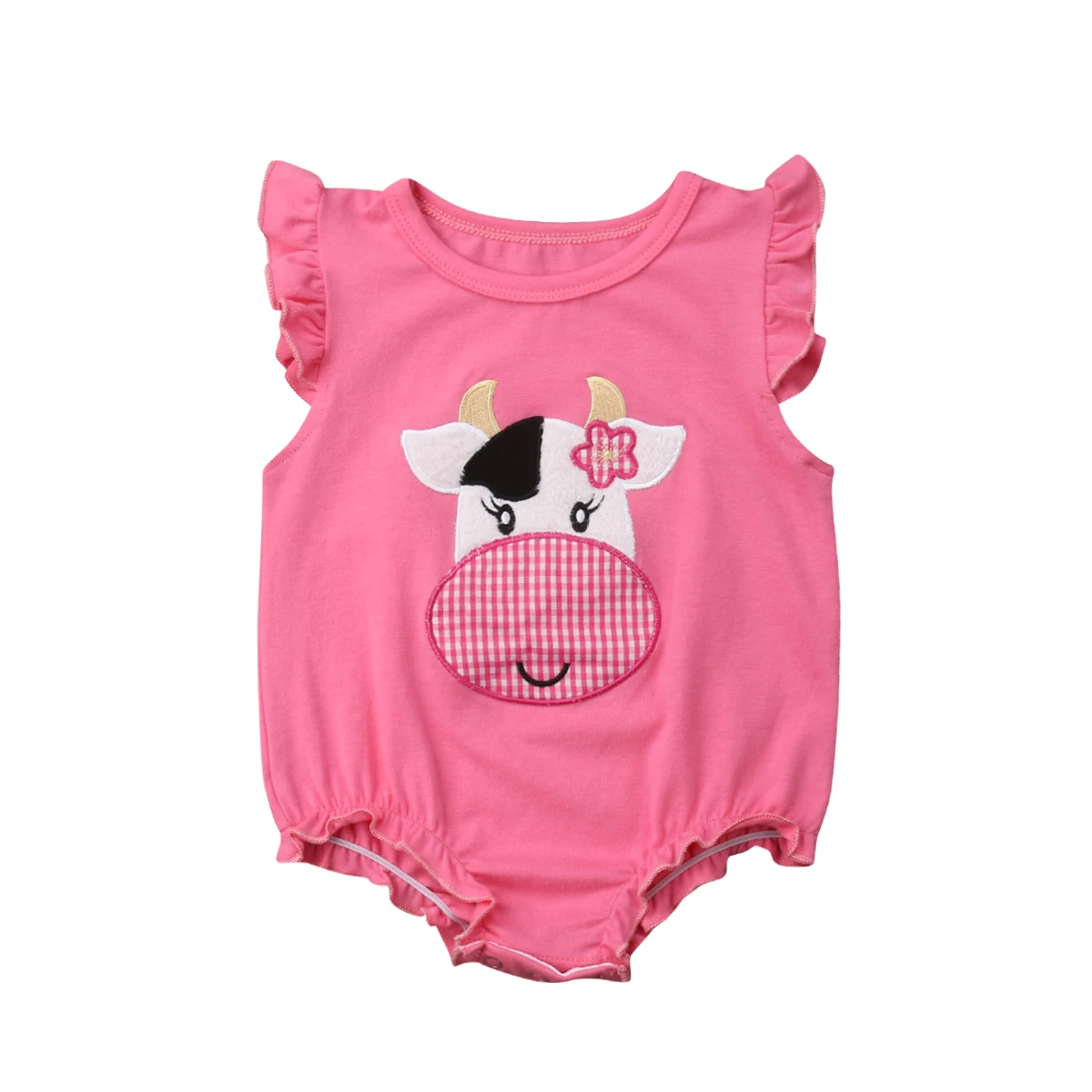

Newborns Dairy Cow Embroidery Pink Bodysuits Baby Girl's Cotton Clothes Short Ruffle Sleeve Outfit