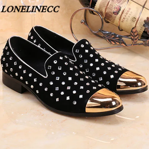 

2016 Summer New Gold Metal Toe Studded Loafers Mens Crystal Creeper Slippers Pure Handmade Flats Lazy Men Red Bottom Dress Shoes