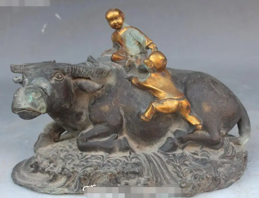

11" Old Chinese Bronze Two Tongzi Boy Gilt Ox Oxen Cow Cattle Bull Animal Statue