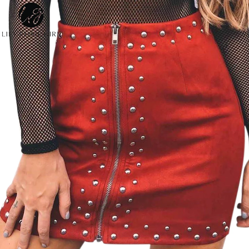 Lily Rosie Girl Red Suede Leather Rivet Pencil Skirt Women High Waist Sexy Club Zipper Autumn Winter Mini Short Bodycon Skirts