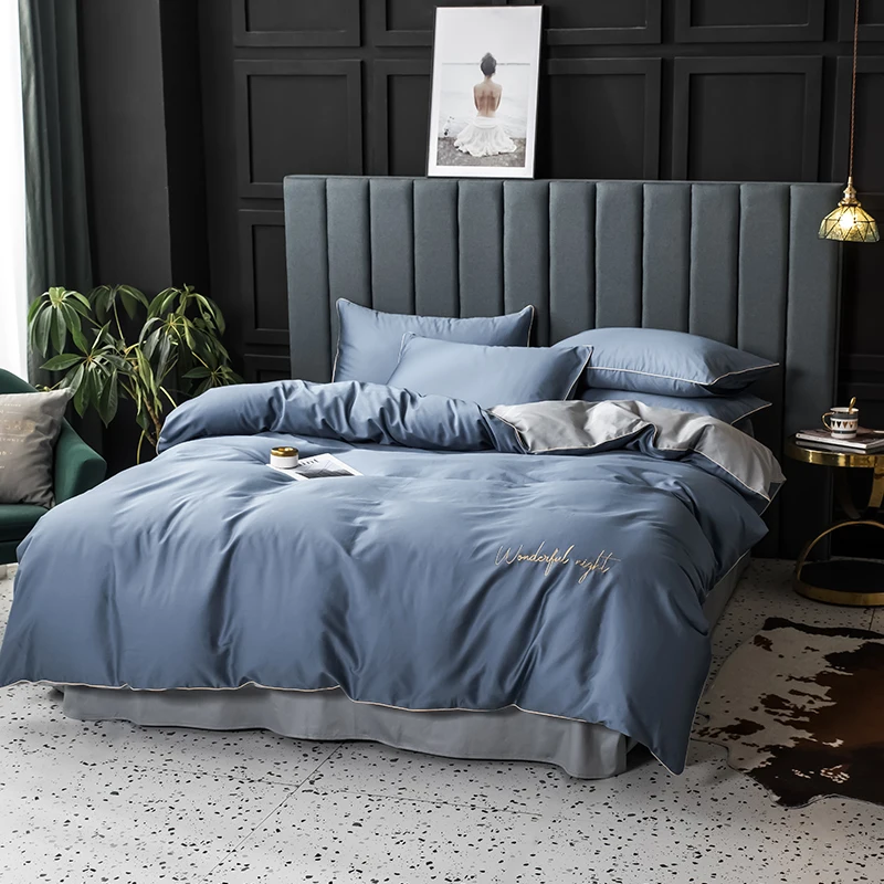  2019 New Product Solid Color 4 Pcs Bedding Set egyptian cotton Bedclothes Navy Blue Bed Linens Duve