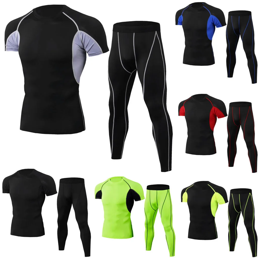 

Men's Elastic Fitness T-shirt Fast Drying Tops Long Pants Sports Tight Suit