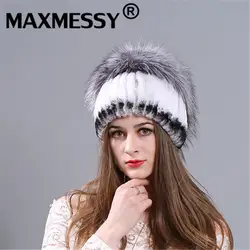 Maxmessy На зимнем меху Шапки для Обувь для девочек Подлинная кролика Мех животных шляпа с лисой Мех животных трикотажные Кепки Silver Fox Мех