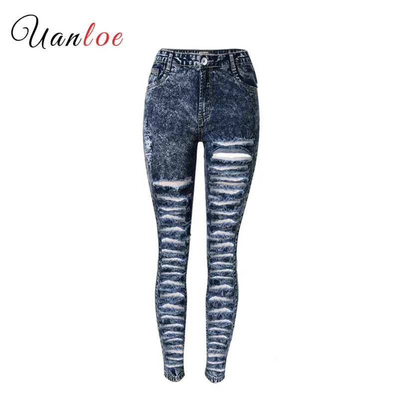 Snowflake Wash Denim High Waist Jeans for Women Big Size Ripped Jeans Distressed Skinny Bottom Jeans Fashion Ladies Torn Jeans