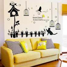 Cats and Birdcage Wall Stickers Vinyl DIY Creativity Fence hut Birdcage Wall Decals For Living Room Kids Room Home Decor Murals removable diy tree and birdcage pattern wall sticker for living room decor