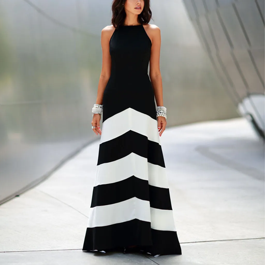 feitong Womens Party Long Dress Fashion Striped Print Tank Sleeveless Solid Color Patchwork Maxi Dresses Woman Party Night 2019 feitong Womens Party Long Dress Fashion Striped Print Tank Sleeveless Solid Color Patchwork Maxi Dresses Woman Party Night 2019