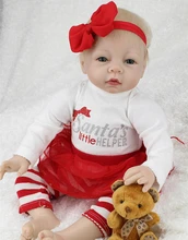 22″ Handmade Rooted Golden Mohair Blue Eyes Soft Baby Born Girl Dolls Girls Toys Silicone Vinyl Baby Dolls in Red Dress