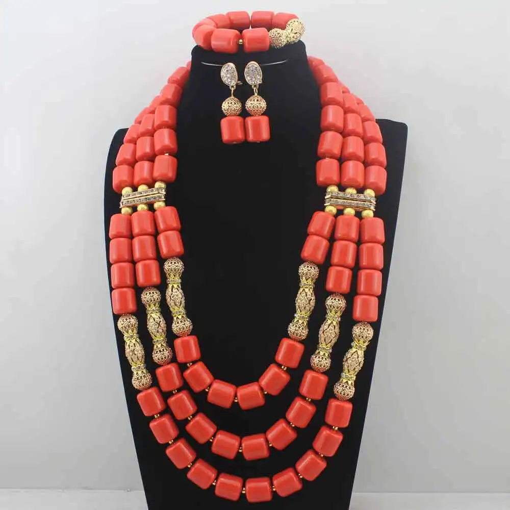 

Artificial Coral Beads Indian Bridal Jewelry Set Dubai African Wedding Women Costume Necklace Set New Free Shipping E0085