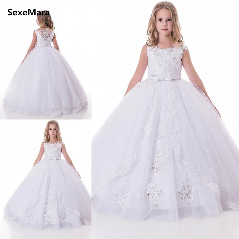 

White Ivory Flower Girl Dresses Lace Ball Gown Little Kids Formal Gowns Sequins Puffy Tulle Pageant Gown First Communion Dress