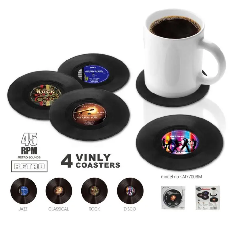 

4pcs Retro Vinyl Record Coasters Cup Drinks Holder Mat Tableware Placemat Useful Vintage Beverage Anti-slip Table Placemat